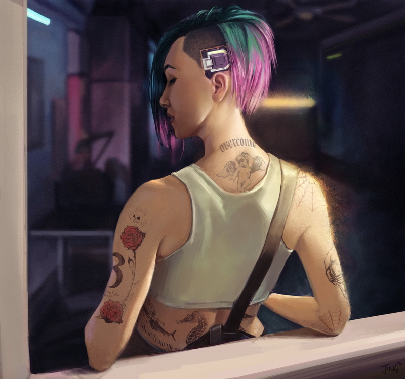 tattoo, women, 1080P, dyed hair, back, Cyberpunk 2077, cyberpunk, game art, fan art, drawing, Judy Alvarez, undercut (hairstyle), digital art, cyborg