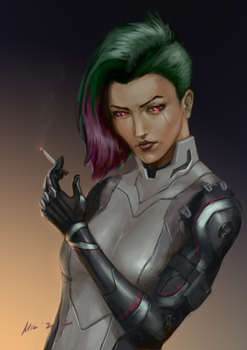 dyed hair, artwork, simple background, Cyberpunk 2077, portrait display, cyberpunk, video games, digital art, 4K, video game girls, red eyes, digital painting