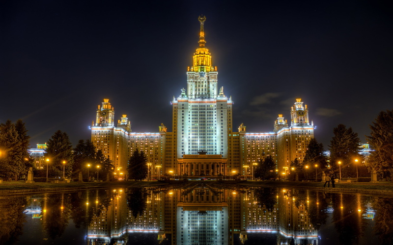 russia, moscow, fountainswallpaper, state, city, illuminated, hd, architecture, 4K, building exterior, university, tree, lomonosov, built structure, sky