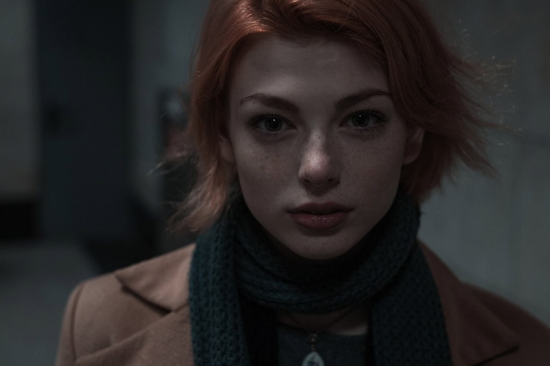 front view, contemplation, Mayya Giter, adult, portrait, close-up, young women, redhead, focus on foreground, beauty, pale, one person, scarf, hairstyle