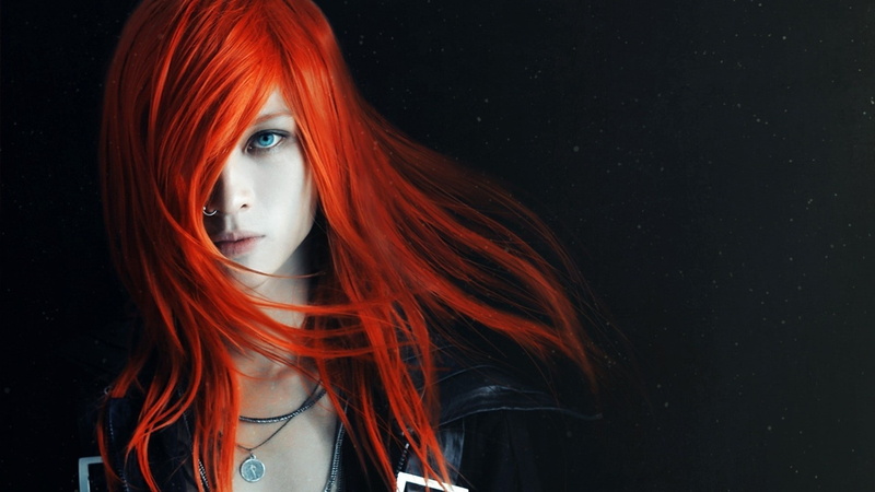 face, blue eyes, 1080P, pale, women, long hair, redhead, nose rings