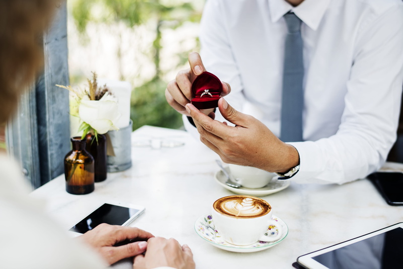husband, anniversary, coffee, case, positive emotion, special, technology, food and drink, togetherness, men, feeling, woman, wedding, ring box, diamond