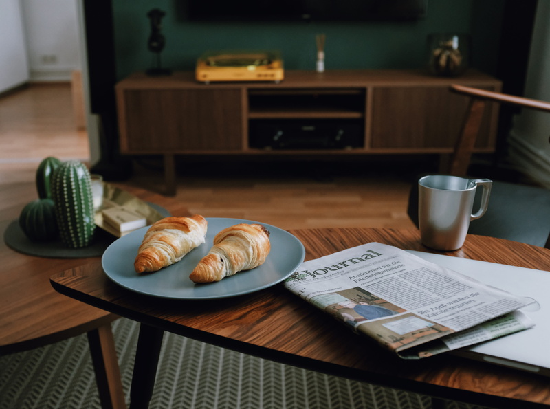 chair, food lover, baked, crockery, focus on foreground, home, croissant, two, music, 5K, plate, coffee cup, close-up, food and drink, mug, food, iiving