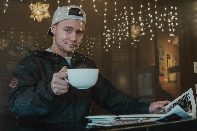 cafe, drink, young men, pnw vibe, table, mug, looking at camera, men, portrait, guy, coffee cup, local coffee shop, look, glass shot, one person, 5K, cup