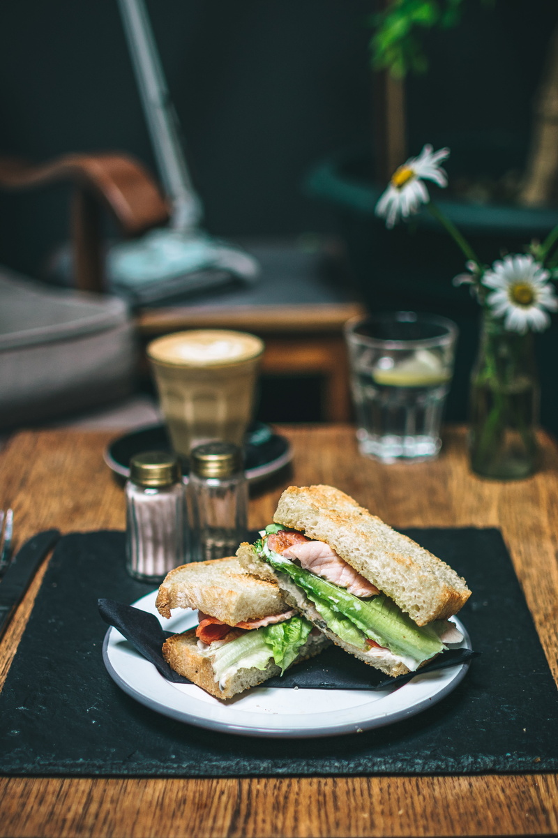 drinking glass, serving size, coffee, drink, latte, no people, wellbeing, food and drink, freshness, bread, healthy eating, food, lunch, chicken, table