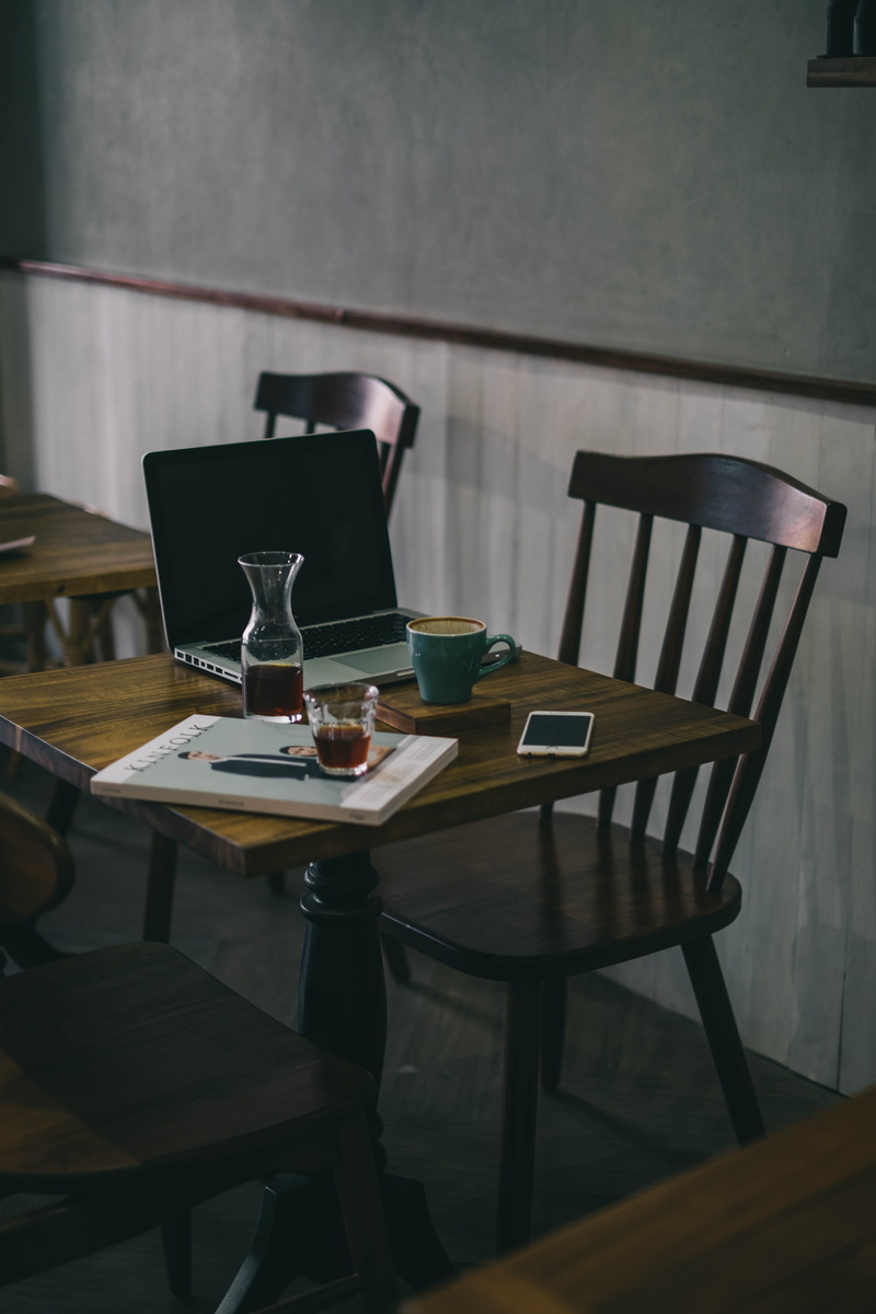 mug, business, office, coffee shop, table, latte, minimalism, meeting, chair, project, interrior, indoors, wood - Material, seat, magazine, dining, teal
