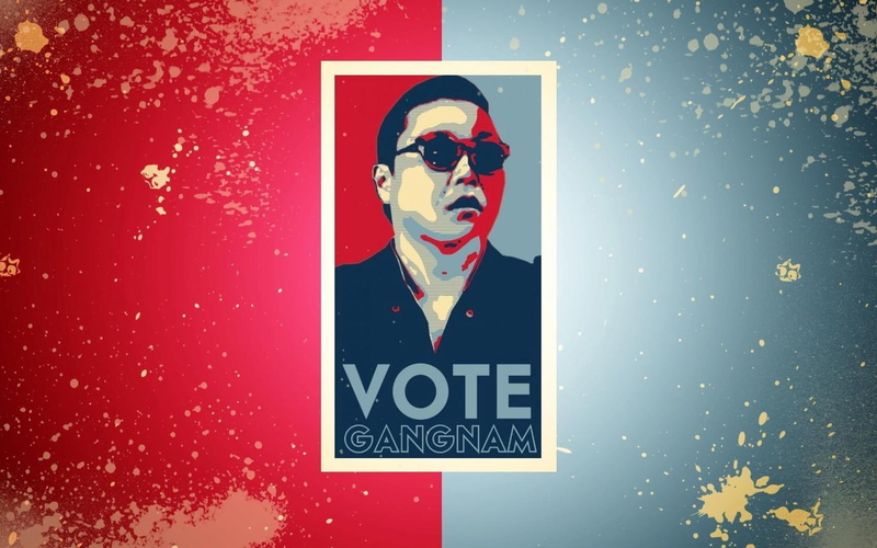 vote, sign, western script, leisure activity, text, capital letter, young adult, colored background, men, males, psy, gangnam style, indoors, holiday, obscured face