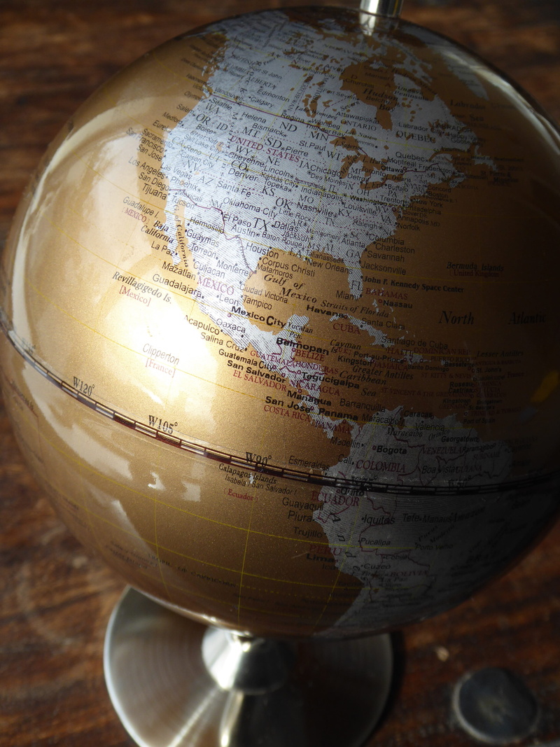 4K, table, gold, globe, communication, map, gray, desk, world, indoors, western script, nature, earth, direction, wood - material, america, close-up, day