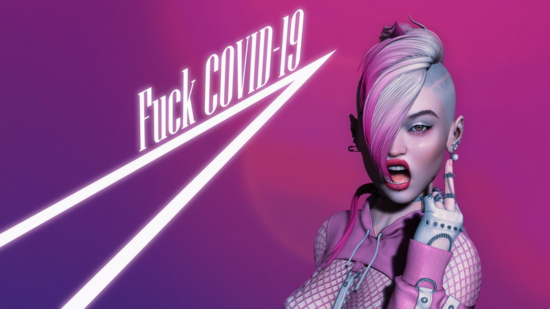 viruses, pink hair, open mouth, pierced eyebrow, piercing, Asian, pierced lip, digital art, women, 4K, finger pointing, render, CGI, punk, motivational