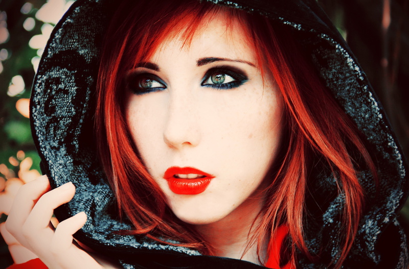 face, 4K, hoods, model, fair skin, witch, redhead, women, red lipstick, smoky eyes