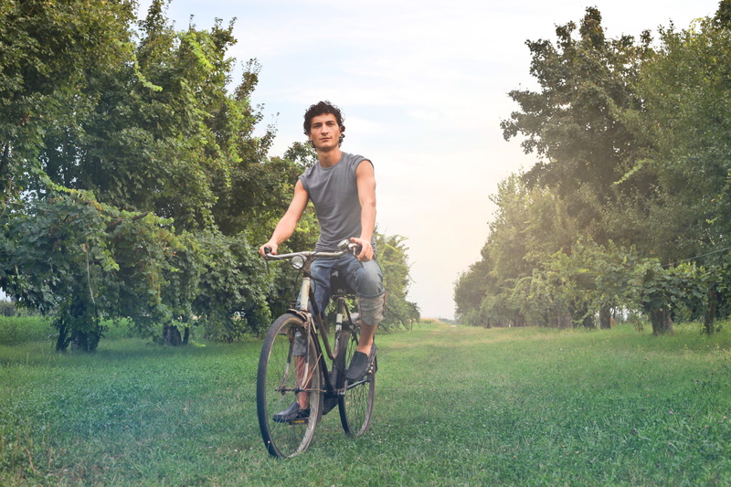 boy, gray, real people, 2K, park, land, country, sleeveless vest, man, riding, young men, happiness, grey, vest, tree, plant, people, meadow, sleeveless