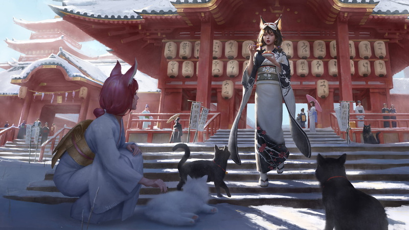 Yuhong Ding, cat girl, stairs, cats, women, Chinese dress, animals, redhead, mask, drawing, food, two women, 1080P
