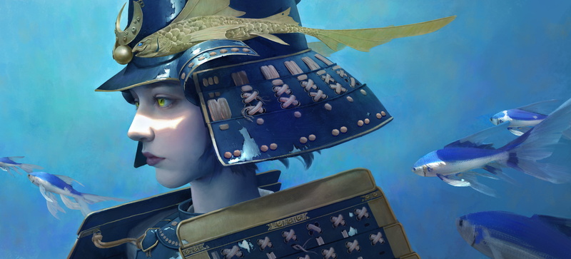 4K, fish, Yuhong Ding, artwork, drawing, looking into the distance, yellow eyes, samurai, digital art