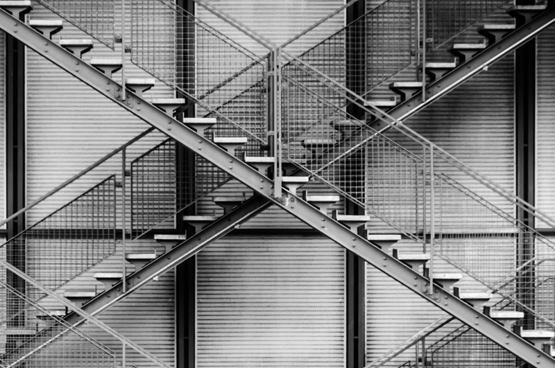 steps and staircases, emergency exit, architecture, outdoors, pattern, abstract, stairs, grayscale, building exterior, steel, built structure, 1080P, railing
