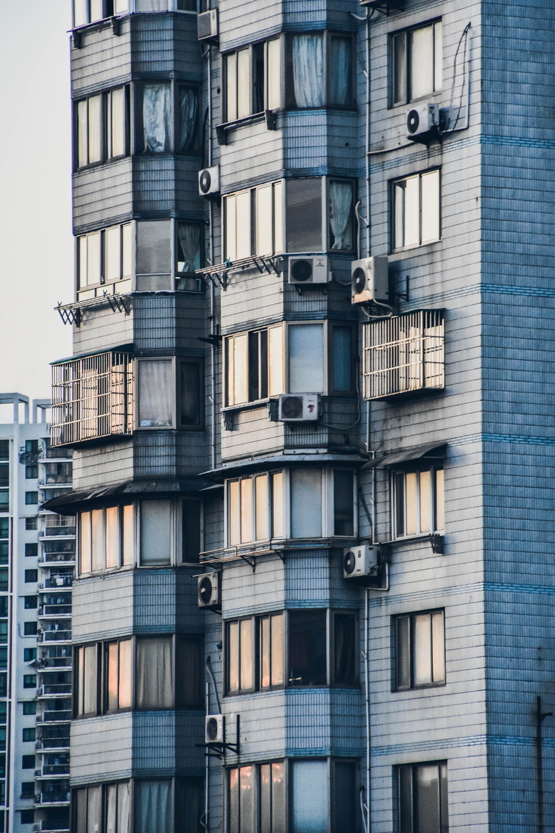 apartment, glass - material, low angle view, building exterior, no people, 5K, residential district, sunset, outdoors, staircase, nature, building, railing