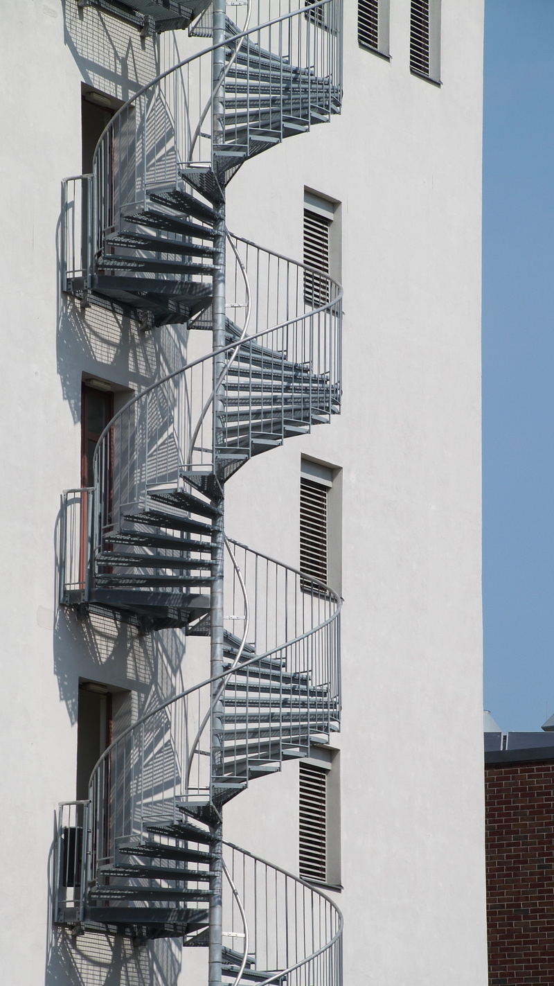 safety, no people, railing, about, external staircase, building exterior, building, apartment, wall, spiral, rise, staircase, snail, high, home, gradually
