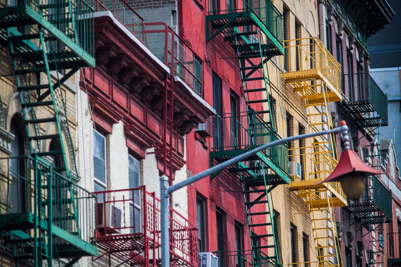 no people, steps and staircases, urban, red, built structure, brick, painted, yellow, city, manhattan, exit, buildings, colorful, cityscape, facade, building exterior