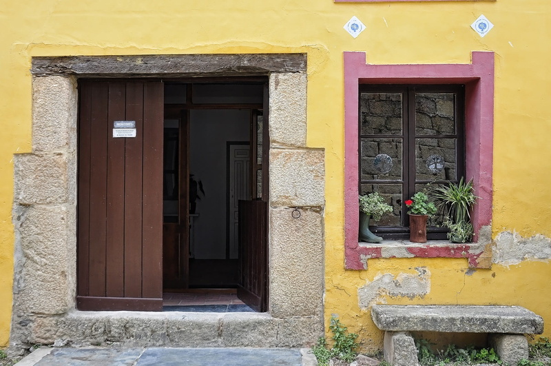 bench, 1080P, day, brown, safety, building exterior, potted plant, doorway, rustic, opening, flower pot, entry, plant, wood, window, house, painted, flower