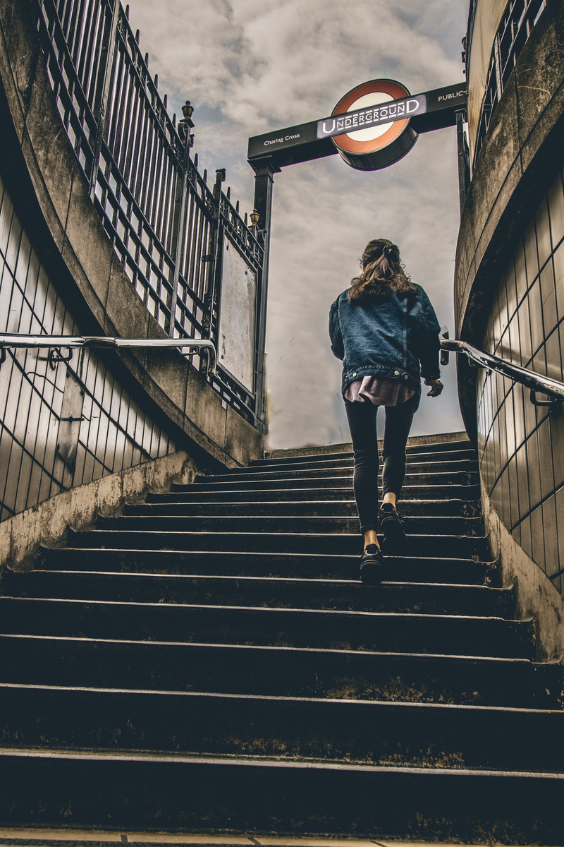 daytime, moving up, up stairs, denim, 5K, button, low angle view, entrance, woman, lifestyles, female, london, architecture, leisure activity, illuminated