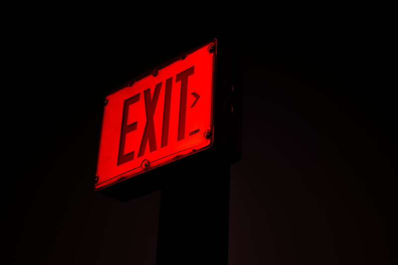 exit sign, guidance, indoors, no people, exit, 5K, leaving, red, capital letter, glowing, neon, sign, symbol, inscription, text, arrow symbol, close-up