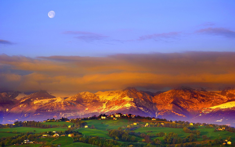 field, mountains, green, lights, moon, city, hills, 1080P, photo, beneath, nature and landscapes, moonlight