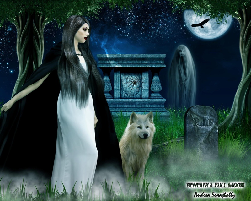 1080P, moon, lady, full, 3d and abstract, beneath, fantasy, wolf