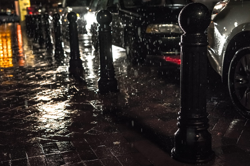 architecture, beneath, pavement, cars, dark, water, city, sidewalk, transportation, street, falling, reflection, motor vehicle, lights, rainy season, rain
