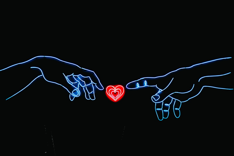 copy space, two, 5K, black background, no people, neon, creativity, communication, hands, pattern, photo, indoors, light, long exposure, touching, studio shot