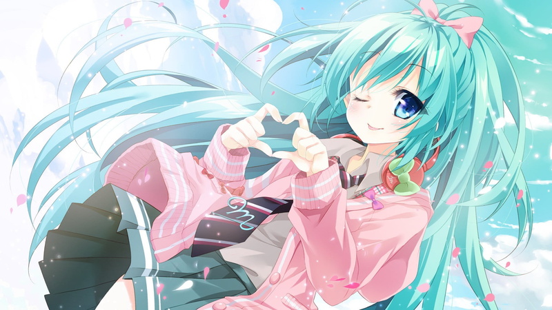 day, Hatsune Miku, females, three quarter length, front view, looking at viewer, costume, pink color, heart hands, child, leisure activity, pink, lifestyles