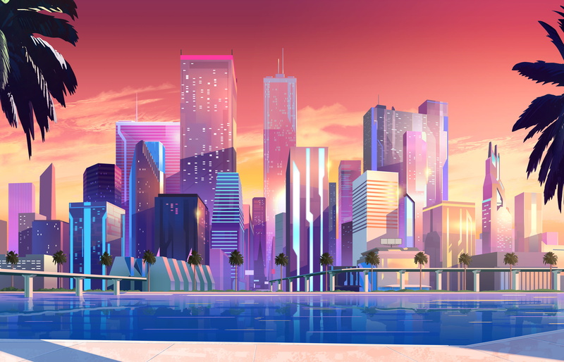 Miami, VHS, Moonbeam City, city, drawing, 1980s, palm trees, 8K, Retro style, skyline, digital art, Retro Wave