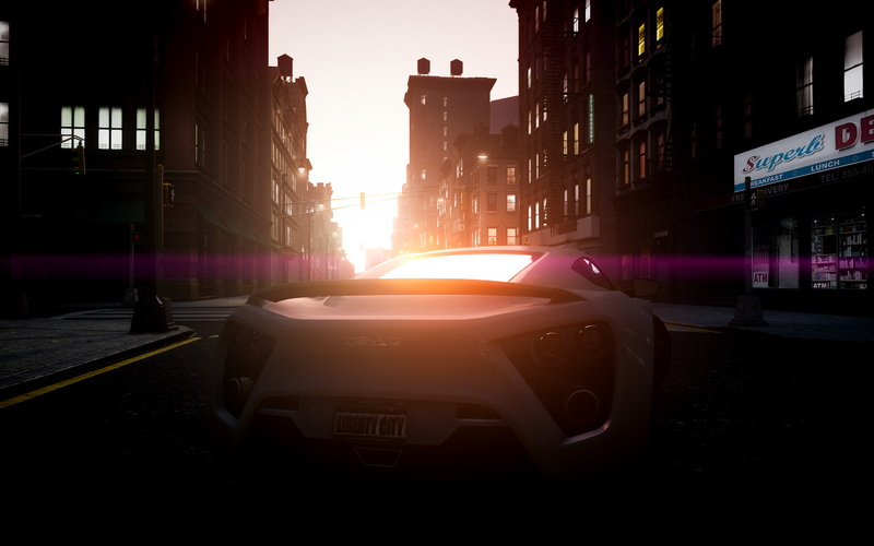 car, transportation, no people, architecture, building exterior, sunset, Grand Theft Auto IV, city, bright, lens flare, mode of transportation, zenvo st1