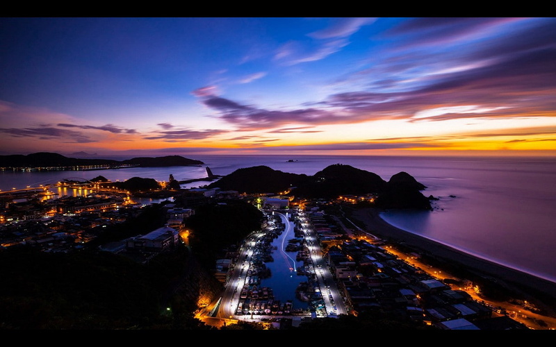 scenics - nature, building exterior, sky, sea, orange color, clouds, nature, coast, Taiwan, illuminated, long exposure, built structure, beach, lights