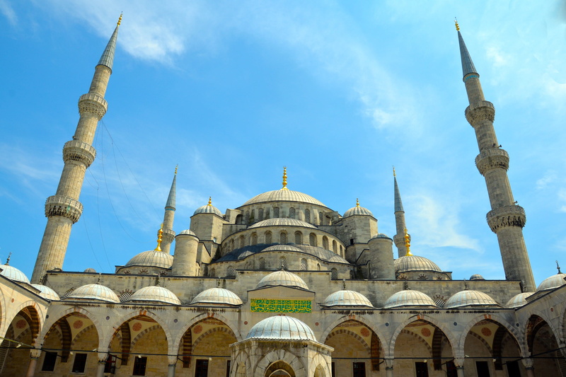 culture, sky, outdoors, islam, city, sultan, ornate, temple, blue, low angle view, built structure, travel destinations, tourism, istanbul, architectural column