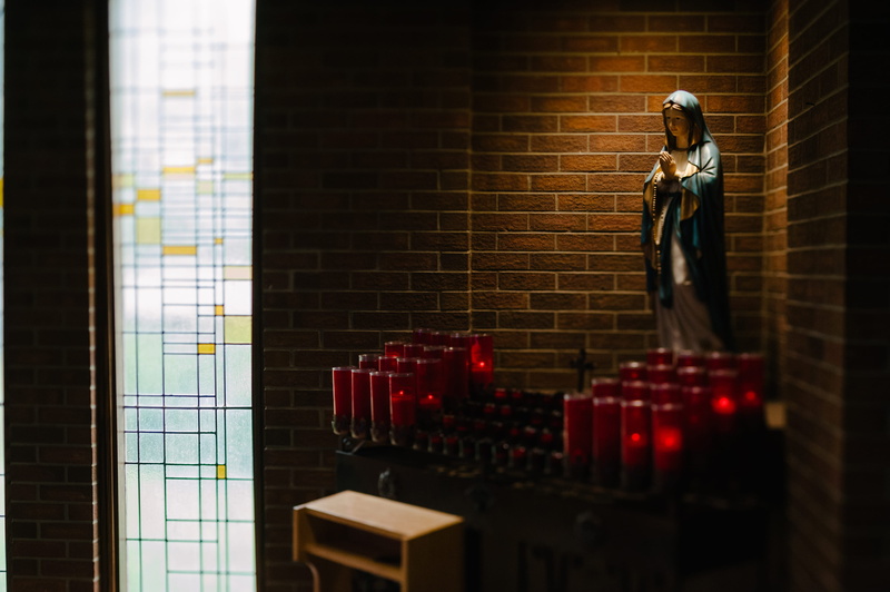 emotion, built structure, inside, light, indoors, mother, stained-glass window, clothing, young adult, church, standing, grief, front, illuminated, statuette