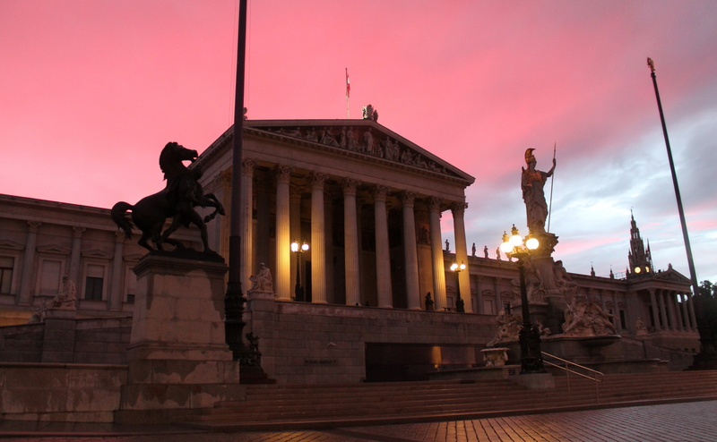 sky, built structure, dusk, low angle view, Austria, sunset, male likeness, City, sculpture, representation, front, illuminated, austrian, government, architectural column