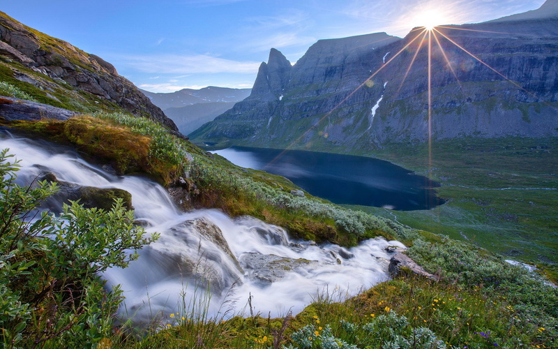 waterfall, water, idyllic, sky, flowing, mountain, nature, flowing water, outdoors, beauty in nature, mountain range, day, no people, 1080P, plant, tranquil scene