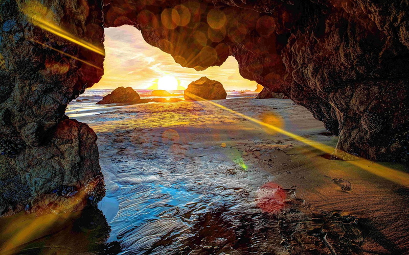 sunlight, 1080P, rock formation, water, rock, beauty in nature, tranquility, sunset, geology, idyllic, natural arch, sea, scenics - nature, non-urban scene