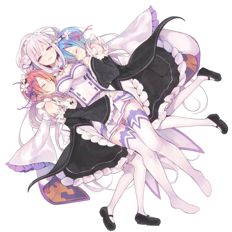 thigh-highs, maid, Emilia (Re: Zero), Rem (Re: Zero), 720P, Ram (Re: Zero), Re:Zero Kara Hajimeru Isekai Seikatsu, maid outfit, white background