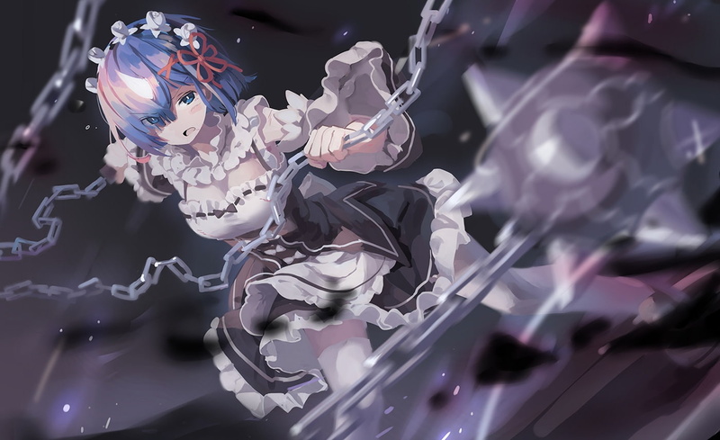 dress, thigh-highs, maid, 720P, ribbon, blue eyes, Rem (Re: Zero), blue hair, apron, short hair, anime girls, headdress, Re:Zero Kara Hajimeru Isekai Seikatsu