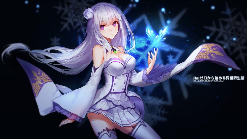 crystal, flower in hair, braids, Emilia (Re: Zero), snow flakes, long hair, white hair, purple eyes, gray hair, Re:Zero Kara Hajimeru Isekai Seikatsu, thigh-highs