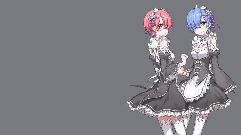 blue hair, thigh-highs, pink hair, Rem (Re: Zero), 4K, Ribbon on clothes, holding hands, maid outfit, maid, ribbon, Re:Zero Kara Hajimeru Isekai Seikatsu
