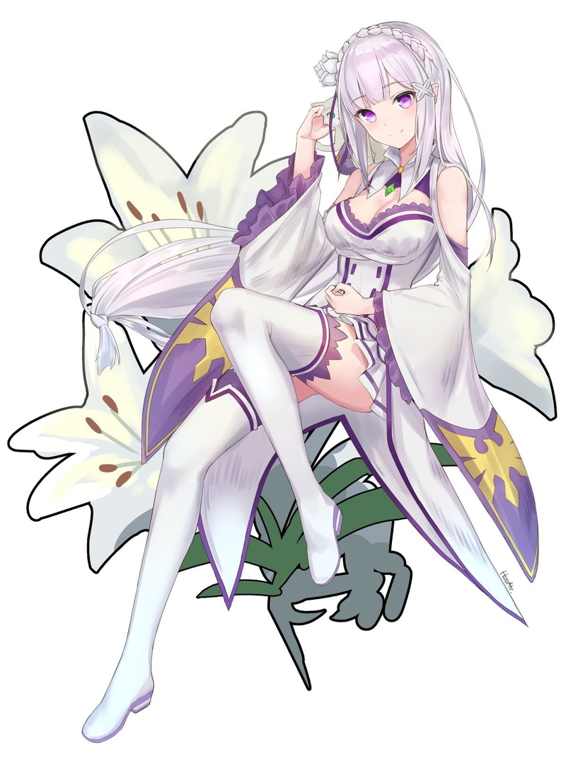 720P, anime girls, white dress, purple eyes, Re:Zero Kara Hajimeru Isekai Seikatsu, pointed ears, anime, white background, thigh-highs, heels, Emilia (Re: Zero)
