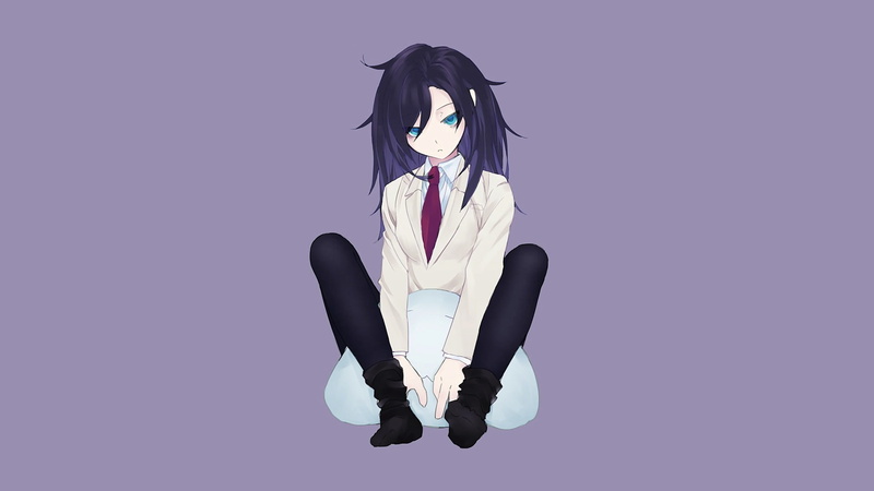 obscured face, Kuroki Tomoko, digital composite, full length, blue eyes, beauty, young adult, hair, listening, simple background, portrait, purple, Watashi ga Motenai no wa Dou Kangaetemo Omaera ga Warui!