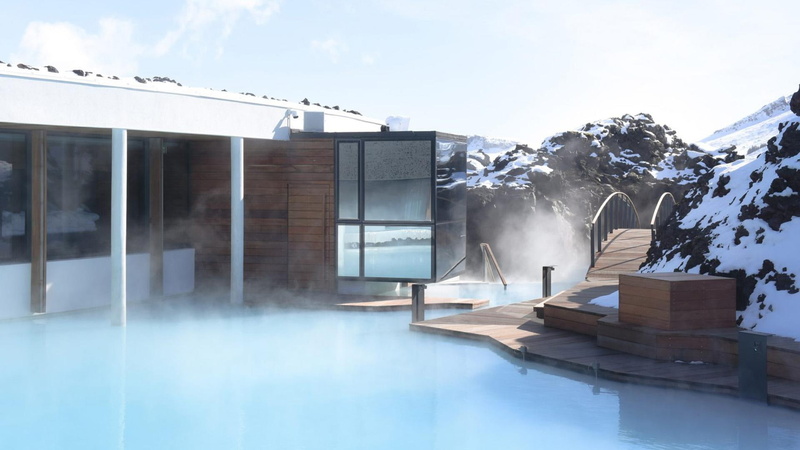 hotels, sky, blue, retreat, reflection, water, nature, cold temperature, swimming pool, built structure, iceland, day, building exterior, no people, modern