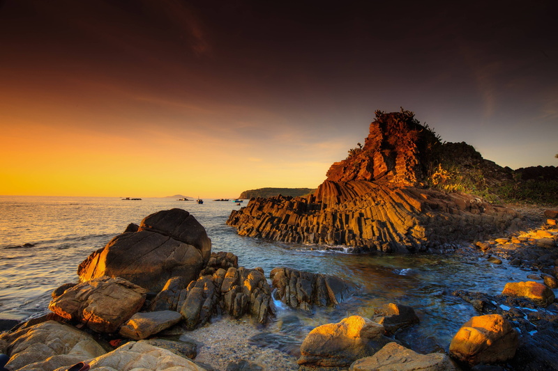 rock - object, water, basalt, scenics - nature, non-urban scene, sky, sunset, sea, nature, rock formation, no people, coast, dungnham, tranquility, rocky