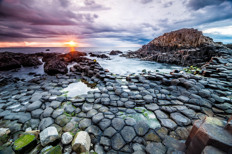 ireland, sunset, sun, outdoors, beach, travel, 720P, set, scenics, sun set, basalt, Giants Causeway, landscape, rock - Object, water, nature, gray, body