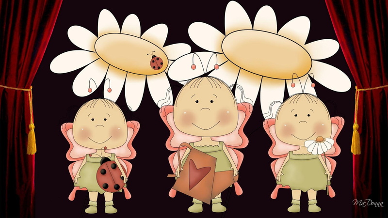 cute, valentines day, daisies, stage, girls, 3d and abstract, fantasy, call, 1080P, curtain, butterfly, lady bug