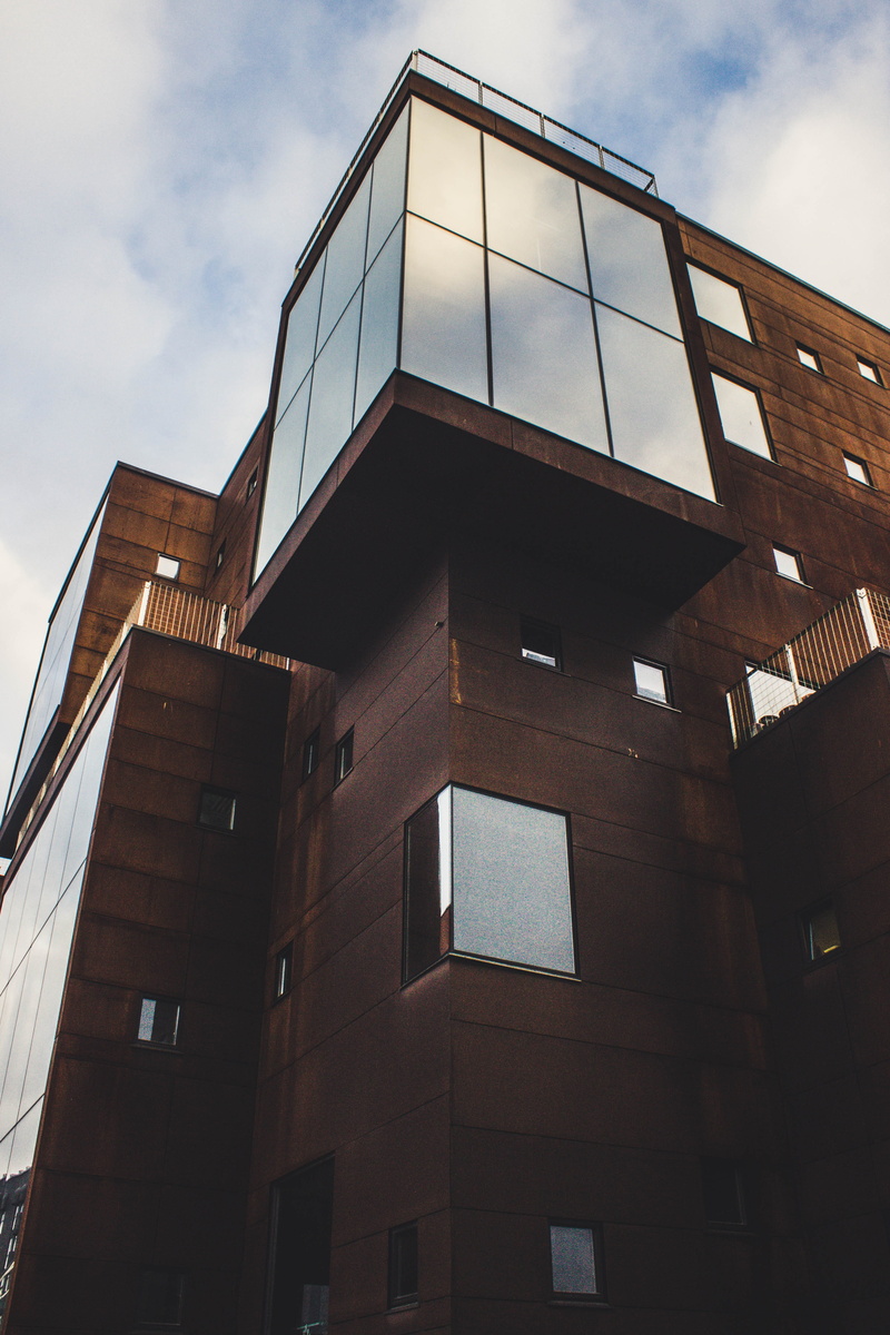 architecture, modern, day, reflection, windows, low angle shot, urban, office, sky, apartment, outdoors, architectural design, glass items, city, no people