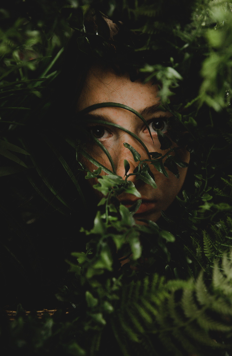 tree, plant, forest, hidden, one person, hiding, growth, face, outdoors, green color, leaf, leafed, close-up, person, girl, leisure activity, field, plant part