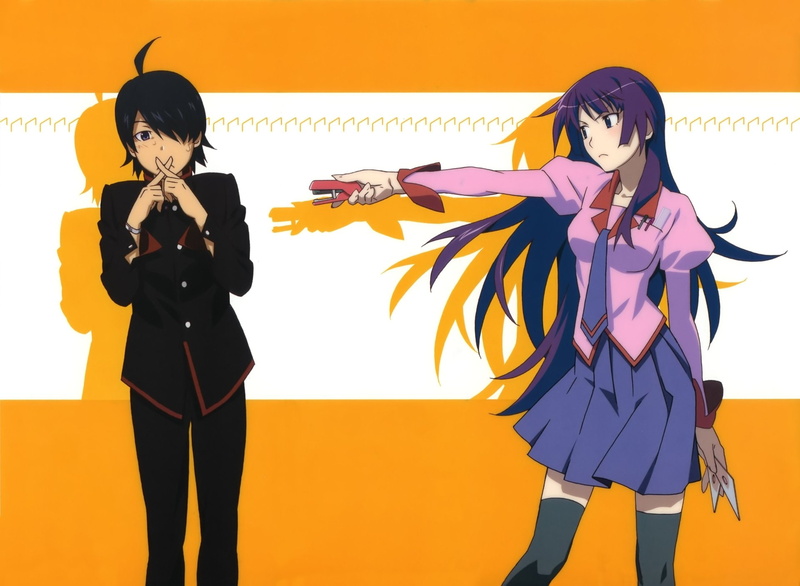 Anime, Monogatari (Series), Purple Hair, Hitagi Senjōgahara, Stapler, Long Hair, Koyomi Araragi, 1080P